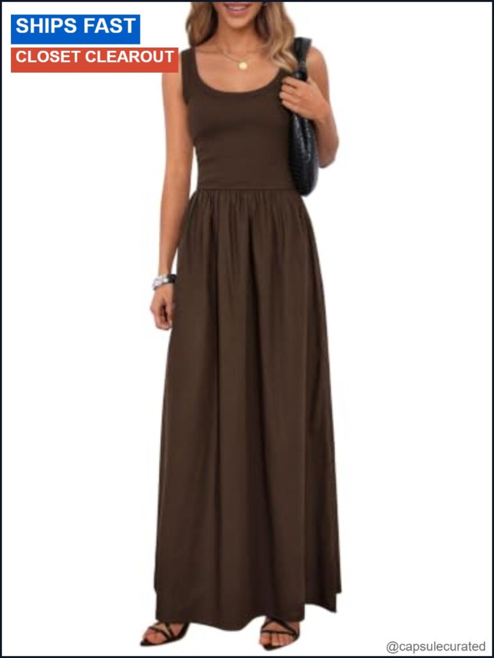 Sleeveless Scoop Neck Maxi Dress A-Line Pleated Summer Beach